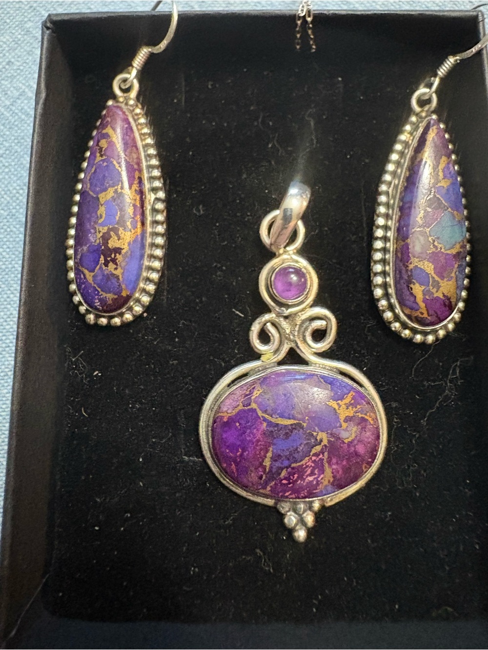 Purple stitchtite and Silver Teardrop Pendant s two pendants